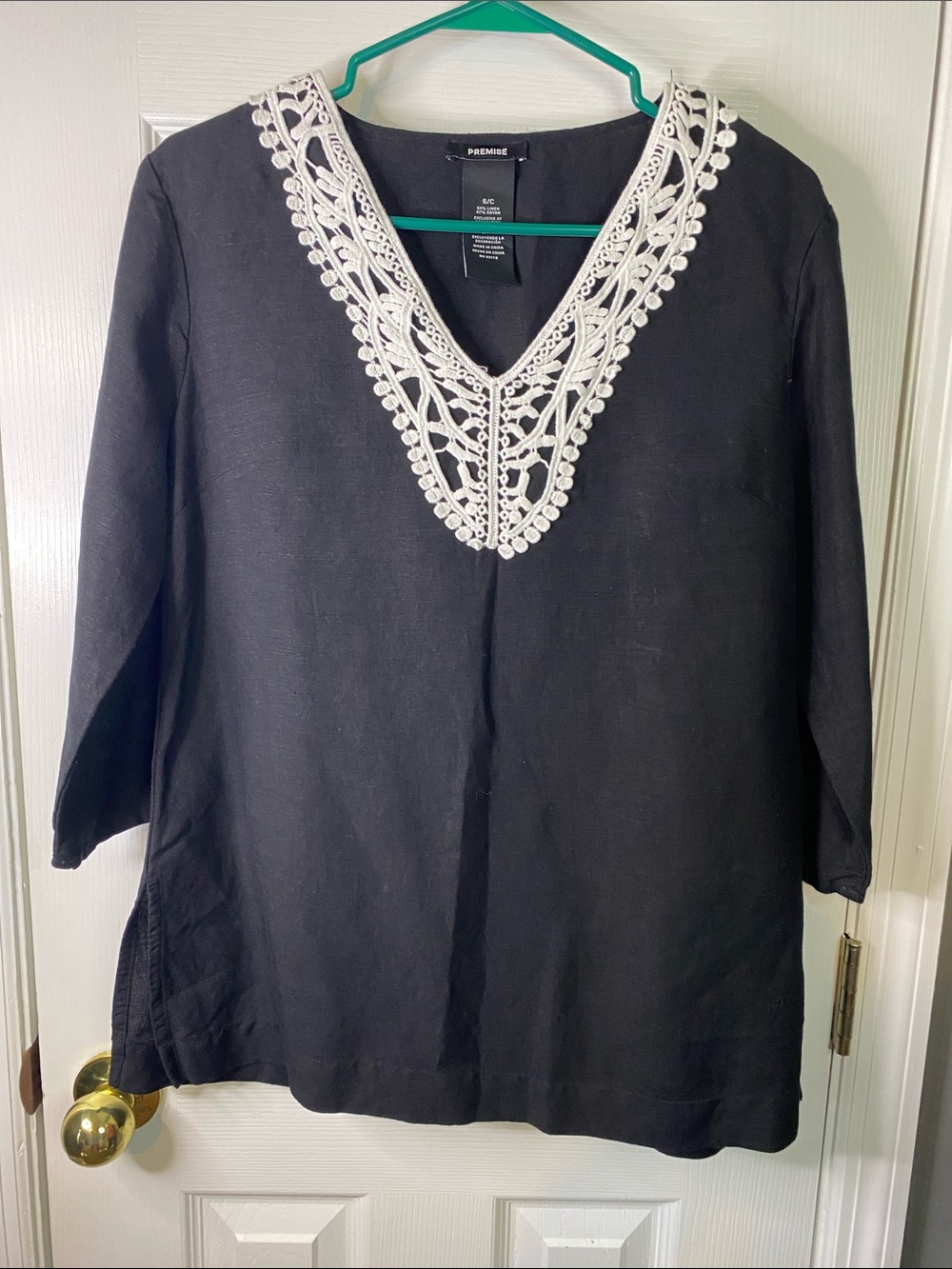 Premise Black Tunic with White Crochet V-Neck Detail Size Small.